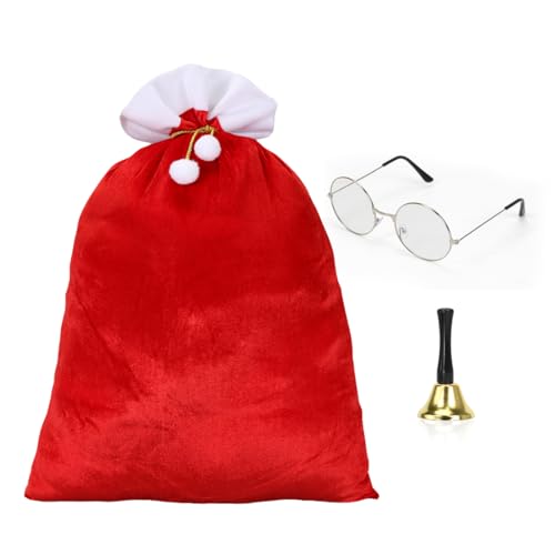 Aurasky Sac de Noël, Père Noël, en velours, avec cordon et pompons, lunettes et cloche, sac cadeau de Noël pour costume de Père Noël