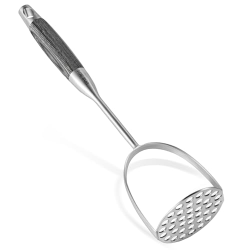 Tuyotue Potato Masher Stainless Steel, Heavy Duty Mashed Potatoe Masher,Professional Integrated Food Masher for Avocado, Potatoes, Beans, Meat, Vegetables (Black wooden handle Masher)