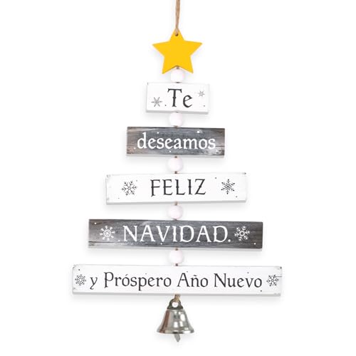 BETESSIN 1 Pieza Colgante Madera de Navidad Español, Letrero Feliz Navidad y Año Nuevo, Adorno Navideño para Puertas Pared Árbol de Navidad Ventanas Decoración Fiesta de Navidad Nochevieja Año Nuevo