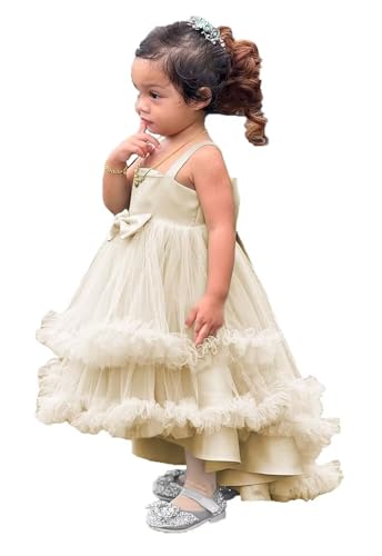 High Low Flower Girls Tulle Satin Pageant Dress for Wedding Bowknot Princess Bridesmaid Formal Ball Gown
