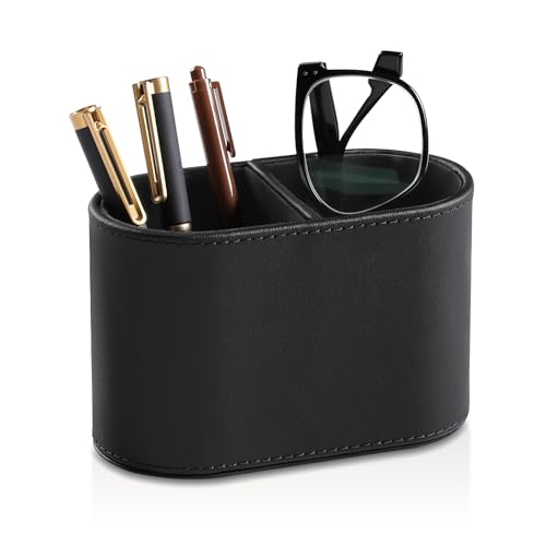 MEIBOOCH PU Leather Pen Holder for Desk, Small Remote Control Holder Pencil Cup Multifunctional Desktop Organizer Caddy for Home School Office Desk Accessories - 2 Compartments (Black)