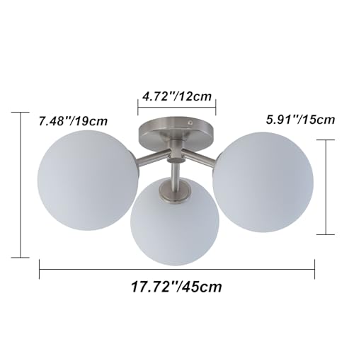 Kunlinzhu Brushed Nickel Semi Flush Mount Ceiling Light Fixture, 3 Light Milk Glass Globe Mid Century Modern Light Fixtures for Bedroom,Entryway,Hallway,Living Room,Kitchen,Dining Room by Kunlinzhu - Used condition - Image 3