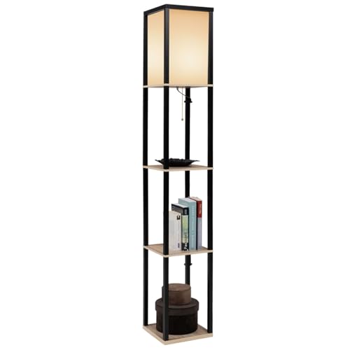 IDMarket - Lampadaire industriel en bois noir avec étagères en bois clair et abat-jour carré blanc
