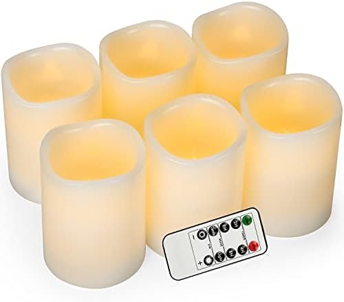 Aku Tonpa Battery Operated Pillar Real Wax Flickering Electric LED Candle Sets with Remote Control, 3inx5in, Pack of 6