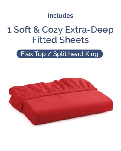 Image of Extra Deep Flex Top Split Head King Fitted Sheet - Hotel Luxury Single Fitted Sheet Only - Easily Fits 18 inch to 24 inch Mattress - Ultra Soft, Wrinkle Free w /Extra Deep Pockets - Red