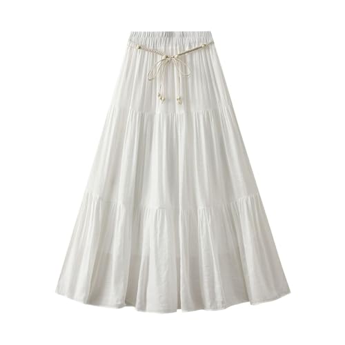 Womens Cotton Linen Skirt Drawstring A-Line Midi Skirts Elastic Waisted Pleated Skirt Trendy Beach Vacation Outfits