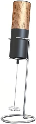 Olkezz® Handheld Electric Wood Milk Frother with Stand, Stainless Steel Powerful Hand Drink Mixer for Coffee, Lattes, Cappuccino, Matcha, Battery Operated, Electric Milk Foam Maker