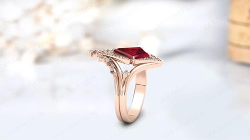 Antique Red Ruby Engagement Ring Set 14k Gold Leaf Wedding Ring Set 1.00 CT Art Deco Kite Shaped Ruby Bridal Ring Set Anniversary For Women (3)