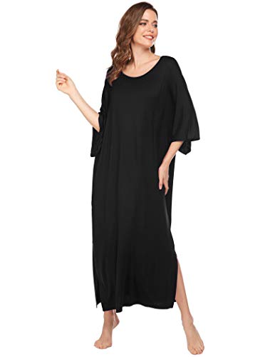 luxilooks Women Nighties Large Loungewear 3/4 Sleeve Black Loose Nightshirt Side Pocket Slits Up Casual Lightweight Nightgown
