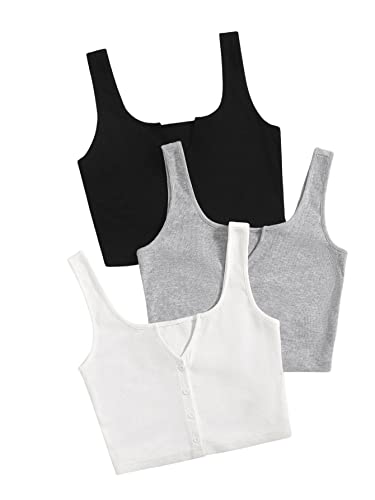 SweatyRocks Women's 3 Piece Button Ribbed Knit Crop Tank Top Scoop Neck Basic Cami Tops