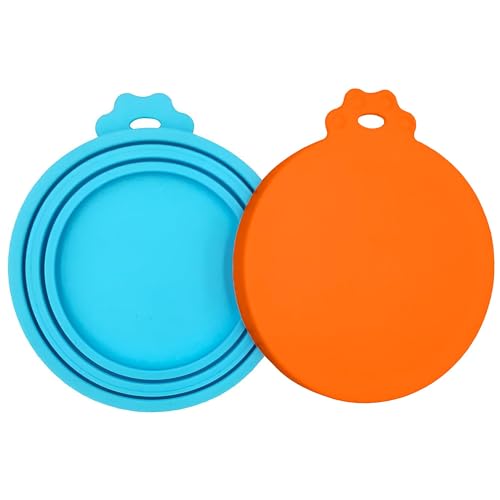 PWOD 2 Pack Pet Food Can Covers, Silicone Universal Can Lids for Dog & Cat Food, BPA Free, One Fit Most Standard Size Can Lids Top Orange/Blue