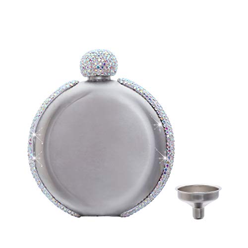Hip Flasks 5OZ Smooth Crystal Bling Blings Stainless Steel Wine Alcohol Liquor Flask Sliver with Rhinestones Lid for Women Girls (AB Color)
