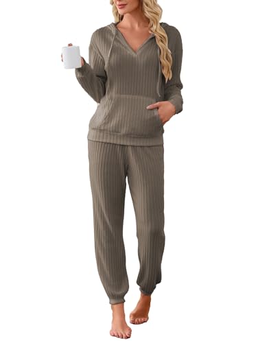 Image of Famulily 2 Pieces Ribbed Knit Outfits Drawstring Hoodies Jogger Pants Matching Pajama Sets with Pockets