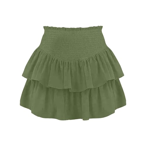 Falda corta para mujer, falda corta con volantes, color sólido, informal, falda de verano, falda acampanada irregular, bonita falda de patinador con pantalones, Verde militar., M