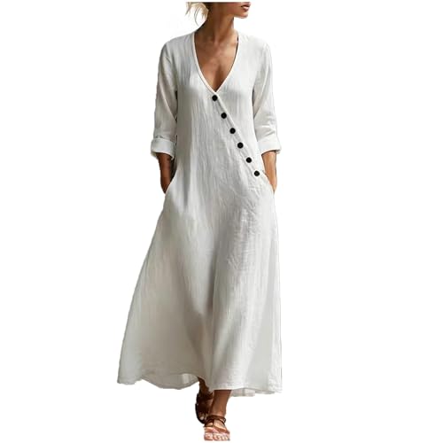Robe longue blanche en lin coton ample et fluide pour femme