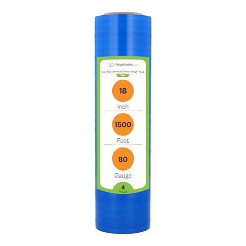 PSBM 4 Rolls Tinted Blue 18 Inch x 1500 Feet 80 Gauge Stretch Film/Wrap, Heavy Duty Industrial Strength Shrink/Plastic Wrap for Moving, Packing, Shipping, Pallet Wrapping & Storage