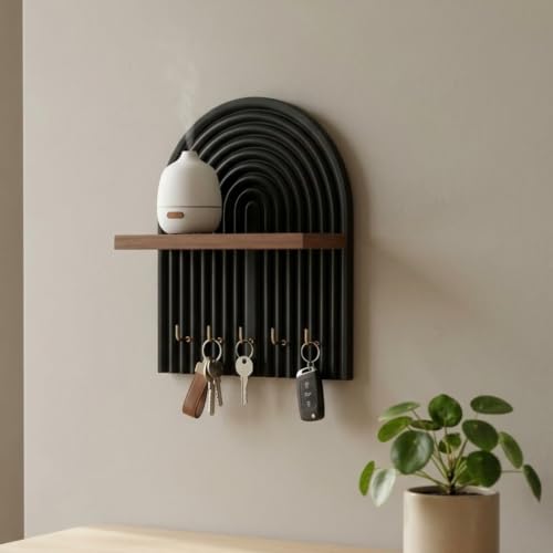 Image of Home Sparkle Wall Mounted Key Holder for Home Entrance with Shelf | Premium MDF Wood Organizer with Paint Finish | Modern Key Hanger Rack with 5 Hooks for Keys & Daily Essentials | Black & Walnut