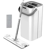 BildeeMait Manos: para mojar y secar en plano para fregona de doble uso con cubo, cabezal giratorio ligero, fácil limpieza del suelo, gris