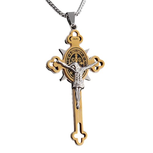 XJBTBA 925 Sterling Silber Heiliger Benedikt Kruzifix-Halskette für Männer, religiöse christliche Kreuz-Halskette mit Jesus darauf – katholischer Amulett-Kruzifix-Anhänger für Männer, XJBTBA 925 Sterling Silber Heiliger Benedikt Kruzifix-Halskette für Männer, religiöse christliche Kreuz-Halskette mit Jesus darauf – katholischer Amulett-Kruzifix-Anhänger für Männer,