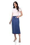 Rekucci Women's Secret Figure Stretch Denim Midi Skirt – Mid-Rise Jean Skirt with 5 Pockets & Back Vent (10, Medium Blue Stone Wash)
