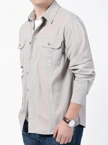 Image of FABRIPPLE Men's Cargo Jacket Shirt | 100% Cotton | 6 Pocket Utility Overshirt | Casual & Outdoor Wear | Breathable & Lightweight Fabric