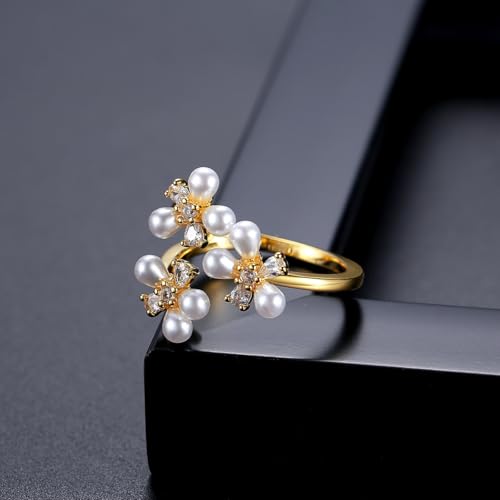 14K Gold Pearl & Moissanite Ring, Floral Open Band Unique Artisan Jewelry for Women4