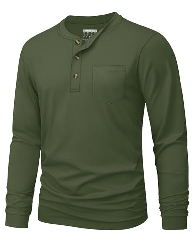 MAGNIVIT Mens Pocket T-Shirts Henley Long Sleeve Shirts Cotton Fall Work Shirts for Men Casual Soft Basic Top Army Green L