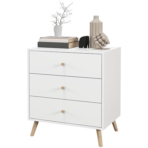 HOMCOM Commode 3 tiroirs Bois Massif de pin Design scandinave Meuble de Rangement Chambre Blanc poignée piètement effilé
