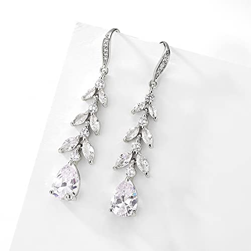 Bridal Dangle Earrings Feature Marquise Shaped Clear Cubic Zirconia Stone Set In A Leaf Design Making A Perfect Accessory For Your Boho Chic, Vintage Style, (Silver-Leaf) #TOP5