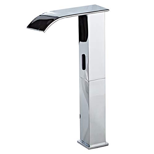 Automatic Sensor Bathroom Vessel Sink Faucet Chrome Electronic Motion Bathroom Faucet Waterfall Square Body Touchless Hands Free Energy Saving Water Tap Dual Powered One Hole Vanity Basin Faucet by YCCUZA - Used condition - US$48.16
