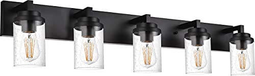 MELUCEE Farmhouse Bathroom Light Fixture, 5-Light Black Vanity Lights Over Mirror Industrial Wall Sconce Lighting with Seeded Glass Shade and Metal Base, 40.0 Inches Length