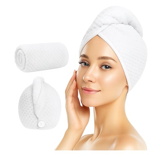 Haemi Beauty 2 Pack Gift Ready Premium Microfiber Hair Towel Wrap Set for Women – Includes 2 Free Soft Face Towels – Fast Drying, Anti-Frizz, Waffle Hair Wraps – Spa Essentials