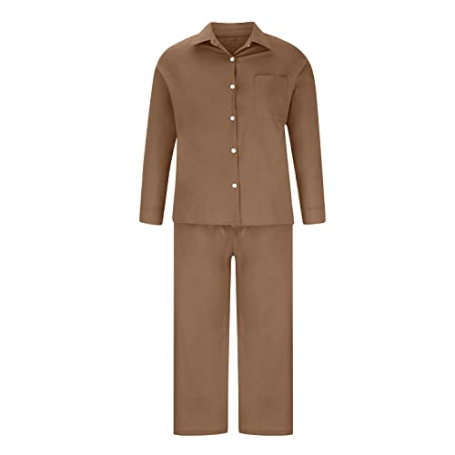 Lounge Sets for Women Cotton Linen Tracksuits Wide Leg Drawstring Pants Lapel Button down Shirt Suit Co Ord Summer Beach Casual Sets Ladies Activewear Matching Sweatsuit Holiday Jogging Suits - Image 6