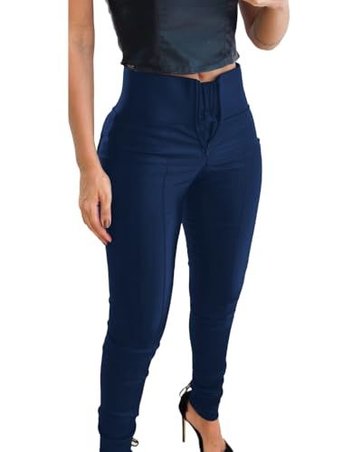 CHICME Women High Waist Zipper Closure Front Tummy Control PU Leather Pants Fleece Lined Tights Black Trousers (US, Alpha, Large, Regular, Regular, Blue)