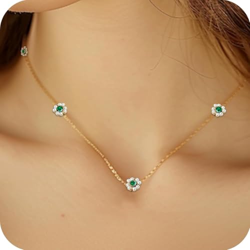 Daisy Pearl Necklace, Dainty Pearl Choker Necklace for Women with Green Emerald Crystal,Handmade 14k Gold Flower Necklace for Women Cute Necklace Daisy Present as Bride Necklace Wedding Jewelry