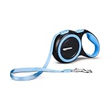 Amazon Basics Retractable Dog Leash | 5 Meter | for Large Dogs Up to 50 Kg | Heavy Duty Leash for Pets | Strong Nylon Tape, Anti-Slip Handle, Built in Spring, One-Click Brake Pause | Blue