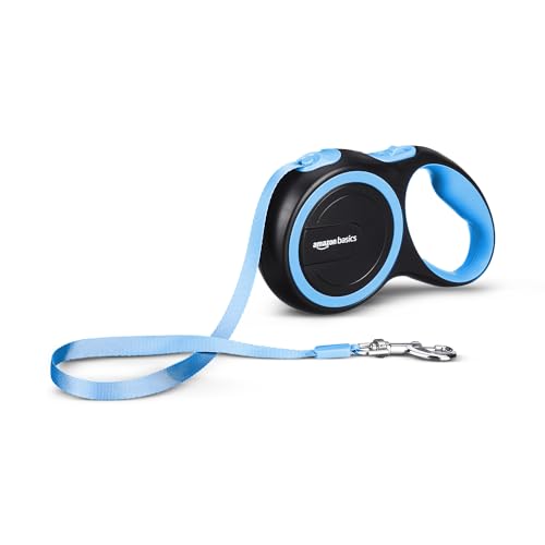 Image of Amazon Basics Retractable Dog Leash | 5 Meter | for Large Dogs Up to 50 Kg | Heavy Duty Leash for Pets | Strong Nylon Tape, Anti-Slip Handle, Built in Spring, One-Click Brake Pause | Blue