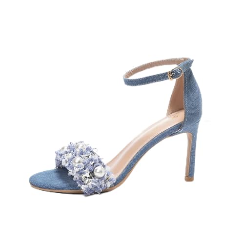 WENOREG Women's Rhinestones Pearl Open Toe Ankle Strap Stiletto Sandals,Summer Adjustable Ankle Strap Denim High Heels Bride Wedding Party Dress Shoes