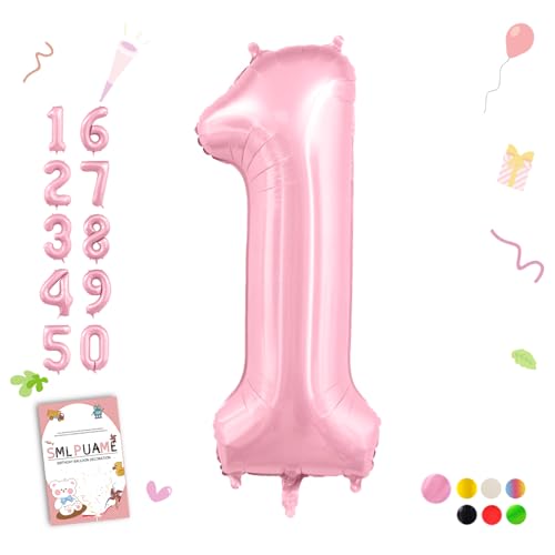 Image of 40 Inch Pink Number 1 Balloon, 1st Birthday Decoration Boys Girls