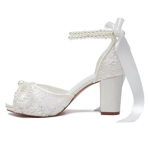 Image of Lace Pearl Wedding Shoes for Bride High Heel Bridal Shoes Peep Toe Platform Wedding Heels
