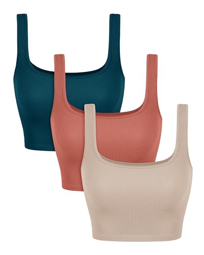 Image of ODODOS 3-Pack Seamless Square Neck Crop Tank for Women Ribbed Knit Soft Low Back Cropped Tops