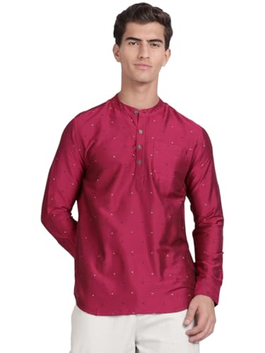 Image of KRYPTIC Men's Full Sleeve Regular Fit Short Kurta in Premium Pure Cotton with Patch Pocket and Mandarin Collar - Perfect Blend of Style and Comfort