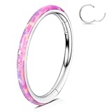 WBRWP 316L Surgical-Steel Hinged Nose Rings Hoop with Pink Opal 20G(0.80mm) Womens Body Pierecing Ring Septum Clicker Helix Cartilage Hoop Body Piercing Jewelry 8mm Diameter, Bright Silver Color