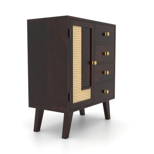 Image of Solid Sheesham Wood Chest of Drawers with Cane Panel | Wooden Storage Cabinet with 4 Drawers & 1 Door
