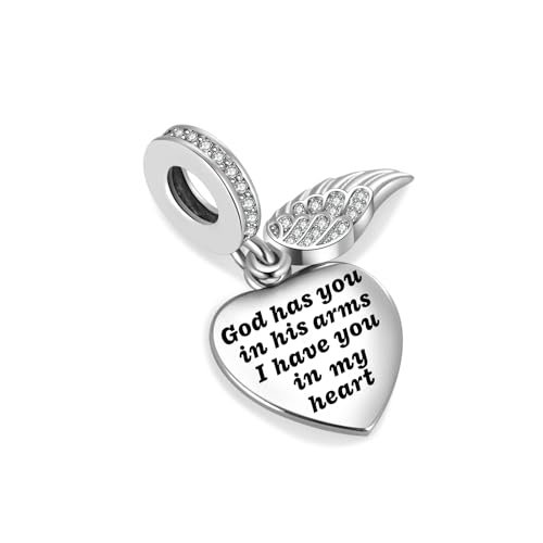LSxAB Abalorio conmemorativo de corazón con alas de ángel brillante, compatible con pulseras Pandora para mujer, joyería de regalo, Cobre, No es una piedra preciosa