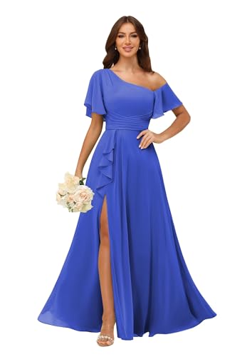 Image of One Shoulder Bridesmaid Dresses for Women with Pockets Short Sleeve Ruffled Chiffon Formal Evening Gowns