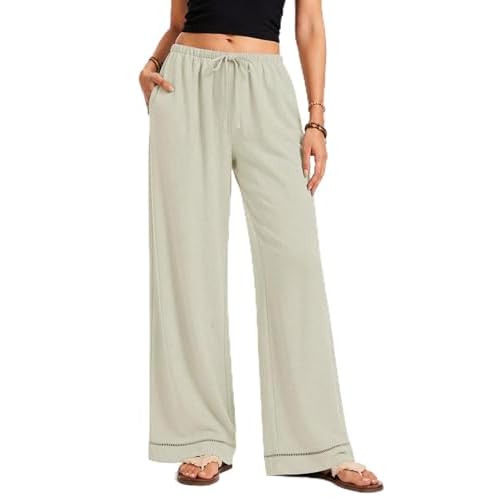 LOMON Women's Linen Pants Boho Wide Leg Summer Flowy Elastic Pants Lightweight Beach Vacation Outfits Pants with Pockets