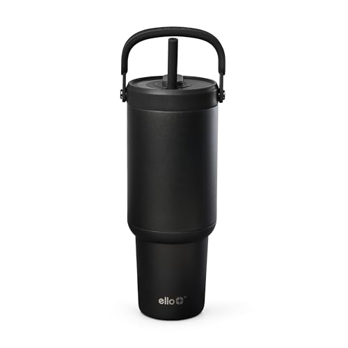 Image of Ello Oasis Go+ 32oz Tumbler with Top Handle and Retracting Straw | Reusable Insulated Stainless Steel Cup, 100% Leakproof Water Bottle, 24 Hours Cold, Cup Holder Friendly For Travel | Black