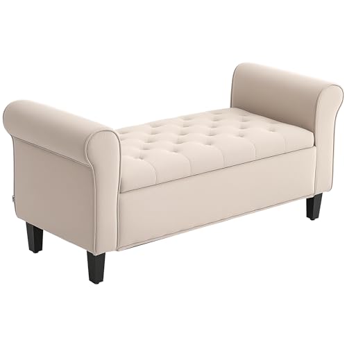 HOMCOM Panca Camera da Letto con Vano Contenitore e Braccioli Arrotolati, Panca Fondo Letto Imbottita in Tessuto Effetto Velluto, per Ingresso e Soggiorno, 126x48.5x57 cm, Beige