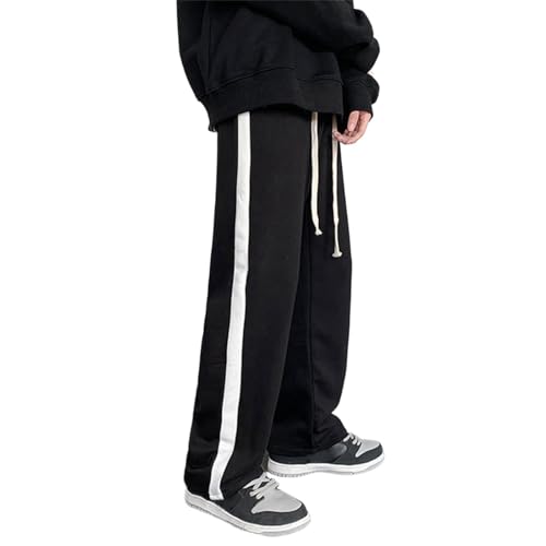 Sweatpants for Men Athletic Pants Black Striped Slacks Trendy Straight Wide Leg Trousers Baggy Drawstring Elastic Pants
